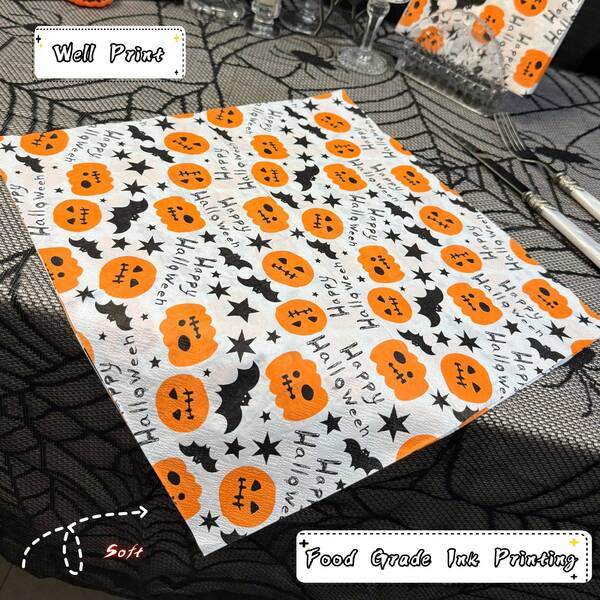 20 PIEZAS Servilletas de papel desechables con divertidos patrones de calabacitas para Halloween, de 13*13 pulgadas, suaves, cuadradas, de 2 capas, con murciélagos negros, estrellas, impresión completa, para fiestas de Halloween, suministros para fiestas de Halloween