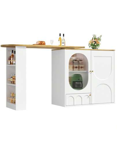 Sairedel Wit 360° Rotating Bar Tafel Storage Space Kitchen Isl 138x39x102cm Doors, Door Shelves Removable Dividers, As Dining Counter view 10
