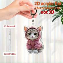 2D Flat, 1 Cute Pink Hoodie Kitten Keychain - Flat 2D Acrylic Keychain, Waterproof Bag Accessory, Women's Birthday Gift, Cat Enthusiast - Compact Wallet Accessory, Lively Design, Durable Buckle - 1pc - View 6