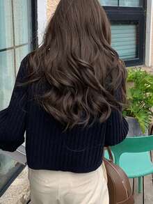 Women's Vertical Striped Slim Fit Textured Crew Neck Sweater, Autumn/Winter - Navy Blue - View 3