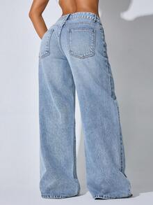 Jeans casuales de cintura baja y pierna ancha con bolsillos en diagonal, ropa de otoño para mujer - Azul - Ver 2