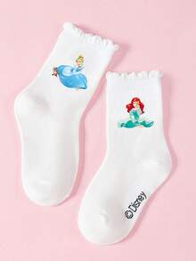 Disney 5双装儿童白色蕾丝短袜，公主图案，可爱甜美风格，透气休闲学生袜，适合日常穿着，返校季礼物，迪士尼袜子 - 白色 - 查看 7