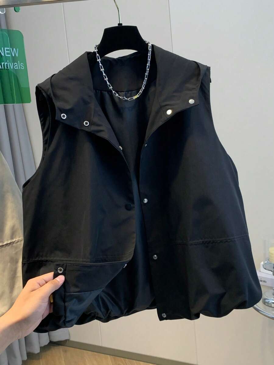 Women's Casual Sleeveless Vest Top, Fashion Versatile Peplum Hem Design, Solid Color Woven Loose Fit, With Lining Hooded Black Outerwear Vest, Suitable For Daily, Holiday Outings, Multi-Style Matching, Spring/Summer - Black - View 1