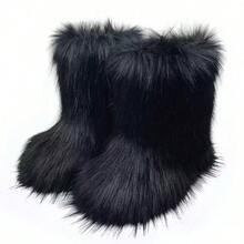 New Winter Warm Plush Faux Fur Snow Boots For Women - Dark Grey & Brown Ankle Booties With Soft Lining, Cozy Slip-On Design For Cold Weather Outdoor & Indoor Wear - 黑色 - 查看 8