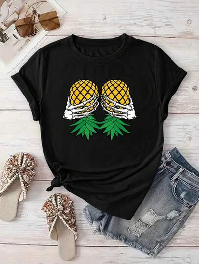 100% Cotton Women's Pineapple Printed Short Sleeved T-Shirt, Bright Yellow Geometric Pattern Round Neck Top, Suitable For Spring And Summer Vacation Casual Wear