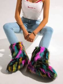 女式厚底保暖内衬雪地靴，松紧腰身，冬季户外保暖防滑，针织袖口拼接，厚底，经典中筒靴，多色，时尚，色块 - 彩色 - 查看 1