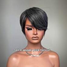 Short Wig For Women Human Hair Salt And Pepper Short Wigs For Black Women 34# Layered White Black Mixed White Color Pixie Cut Wig For White Women Layered Wigs With Bangs None Lace Front Full Machine Made Wig Easy To Wear Human Hair Grey Wig For Thanksgiving Day,Christmas,Daily Use