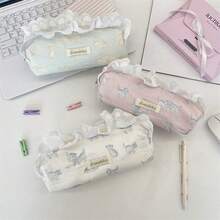 1 bolsa para lápis com estampa de gato e renda, grande capacidade, design colorido e portátil, adequada para cenários de armazenamento de papelaria, caixa de papelaria/organizador de estojo de lápis