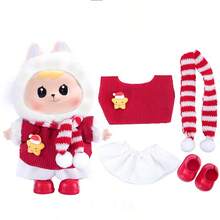 17厘米拉布布娃娃圣诞装，纯色心形刺绣毛衣+牛仔裤+纯色系带帆布鞋套装，第一代/第二代娃娃吊坠配饰，适合青少年、万圣节和圣诞派对（不含娃娃）