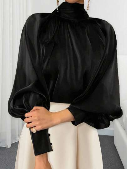 Blouse ample et élégante pour femmes, col montant, manches bouffantes, couleur unie, printemps
