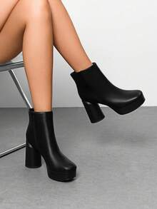 Women's Retro-Modern Square Toe Chunky Round Heel Ankle Boots With Lightweight Platform, Perfect For Daily Outings - Black-pU - View 2