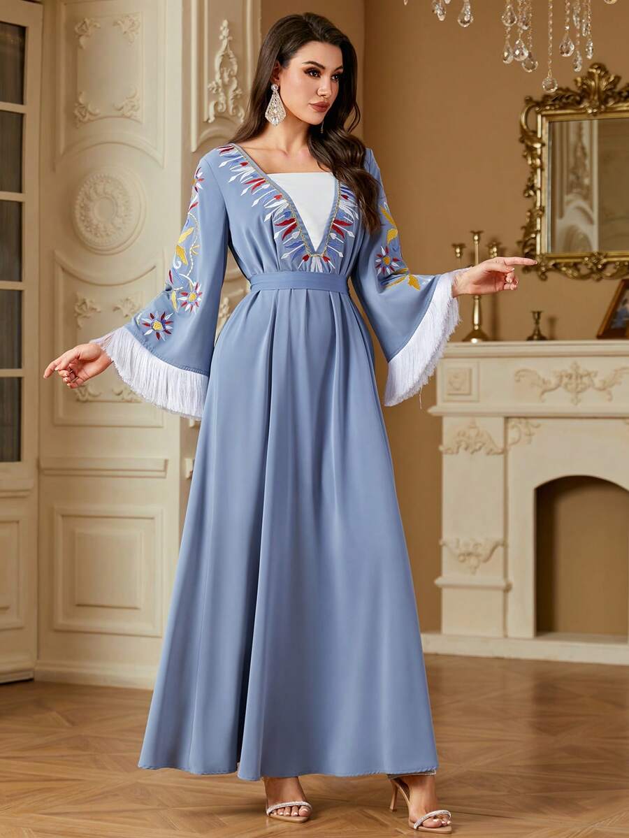 Women's Elegant Robe, Dubai Style Floral Embroidery Contrast Color Block Tassel Moroccan Abaya Robe, Eid Mubarak Long Sleeve Robe Spring - Blue and White - View 1