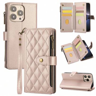 1pc Flip Cover Protective Case Compatible With Apple 17 ProMax/16/15/14/13/12/11pro, Wallet Phone Case With Card Slot, Wrist Strap, Zipper Pocket