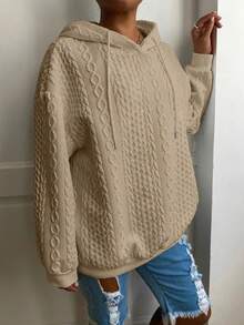 Plus Size Women Loose Casual Solid Color Jacquard Knit Long Sleeve Sweatshirt Spring - Khaki - View 3