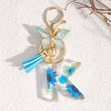 Fashionable Butterfly Tassel Flower Initial Keychain For Girl And Ladies, Blue Cute Dry Flower Dandelion Letter Key Chain, Backpack/Handbag Decoration Gift Bag Accessories Lanyards With Id Holder Car Accessories Bag Charms Christmas Car Accessories Teacher Friend Sister Gift Ideas