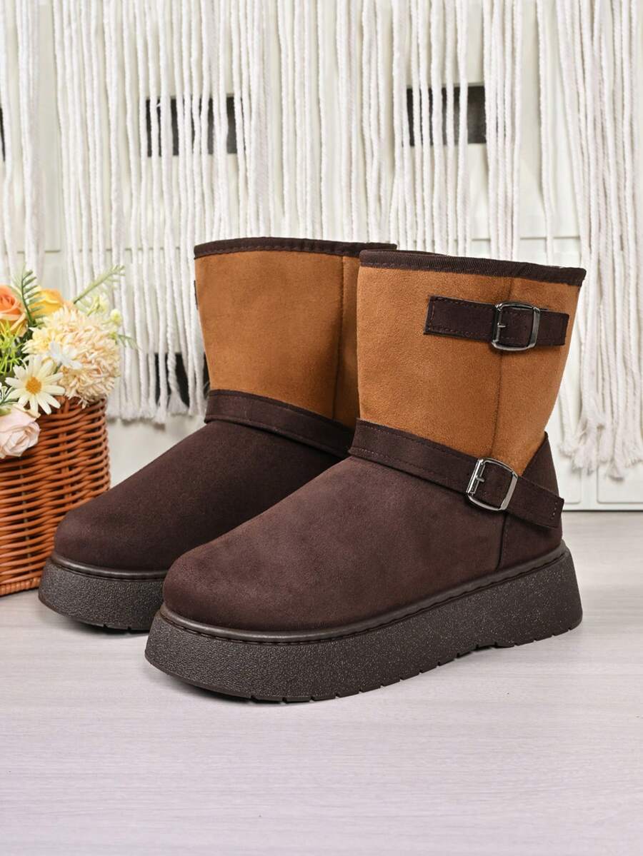 1 Pair Plus Size 36-42 Punk Style Contrast Color Gothic Thick Sole Snow Boots With Multiple Buckle Decor, For Indoor & Outdoor Wear, Winter