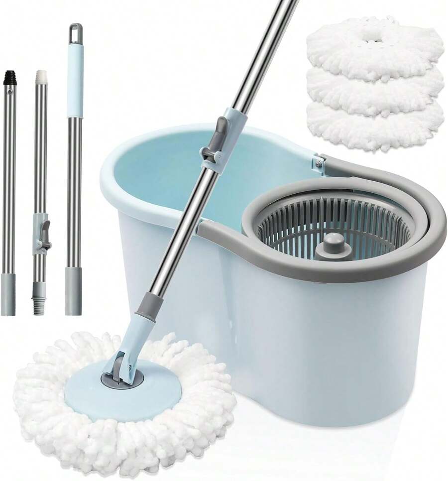 Spin Mop And Bucket With Wringer Set, 360° Spinning Mop Bucket System With 3 Microfiber Mop Replacement Heads And 50" Stainless Steel Adjustable Handle For Floor Cleaning (15QT) - 藍色 - 查看 1