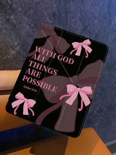 This Tablet Protective Case Features A Design Combining A Transparent Hard Shell And A Magnetic Foldable Front Cover. It Is Slim, Lightweight, And Portable, As Well As Stylish And Practical. The Design Centers On Pink Bows And The Classic English Scripture "WITH GOD ALL THINGS ARE POSSIBLE", Conveying Positive Faith And Strength,