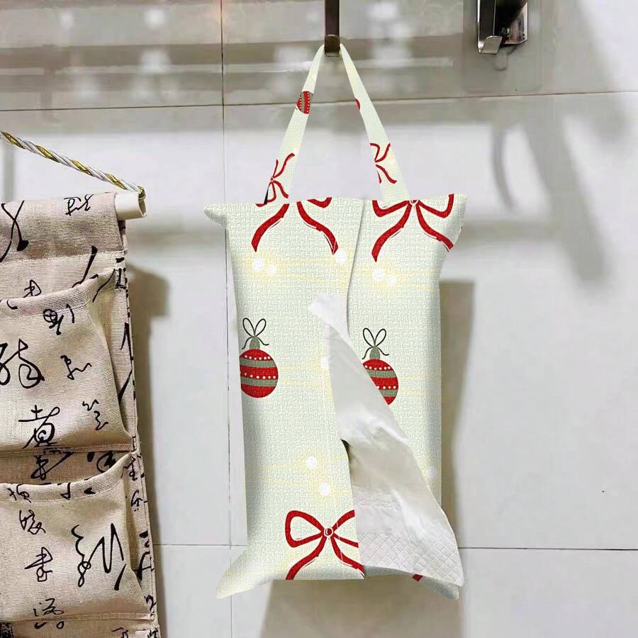 1 pieza/2 piezas/4 piezas Soporte para toallas de papel con estampado de elementos navideños - Bolsa de almacenamiento de toallas de papel de tela de poliéster rectangular, regalo de Navidad, decoración navideña, con cuerda colgante, adecuado para sala de estar, dormitorio, baño y automóvil, accesorio de decoración del hogar de moda, patrón elegante, estructura duradera, almacenamiento funcional