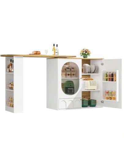 Sairedel Wit 360° Rotating Bar Tafel Storage Space Kitchen Isl 138x39x102cm Doors, Door Shelves Removable Dividers, As Dining Counter view 7