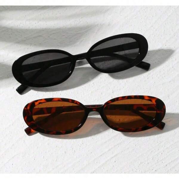 2pcs Vintage Small Frame Oval Shaped Plastic Sunglasses Outdoor Travel Beach Holiday UV Protection Fashionable Shade Travel