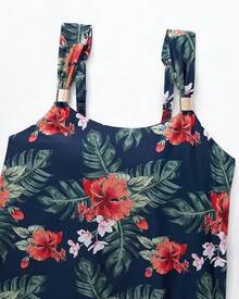 High Waisted Ruffle Tankini Swimsuit Plus Size Tummy Control - 海軍藍色花卉 - 查看 9