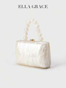 ELLA GRACE-Acrylic Shell Pattern Clutch Bag With Pearl Handle And Detachable Chain Strap, Elegant Rectangular Evening Purse For Wedding And Banquet - White - View 3