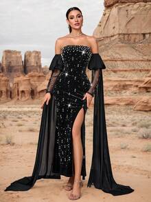 Women's Strapless Heavily Beaded & Embellished Velvet Mermaid Maxi Dress, Elegant Long Formal Gown For Multiple Occasions - Black - View 4