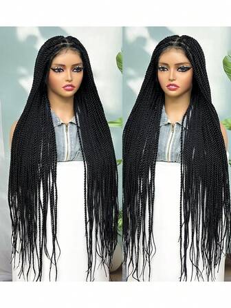 36 Inch Synthetic Braided Wig - Elegant Full Lace No Knot Box Braid, High Density Straight Hair, Suitable For All Skin Tones