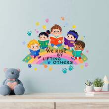1pc Rainbow Children Reading Together Wall Sticker "We Rise By Lifting Others" Baby Room Bedroom Kindergarten Decor Self-Adhesive Wall Paper - Multicolor - View 5