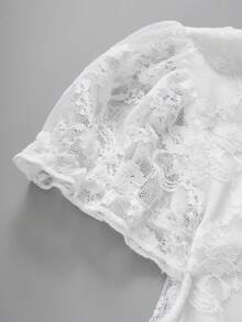 ii Heart Neckline Lace Short Sleeve Button Front Traditional Lace Blouse, Suitable For Oktoberfest And Halloween White Fall - White - View 4