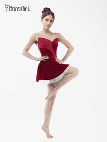 DonsGirl 1件女士芭蕾舞紧身衣 - 不对称天鹅绒亮片拼接郁金香花瓣设计，舞蹈表演服装 - 酒紅色 - 查看 10