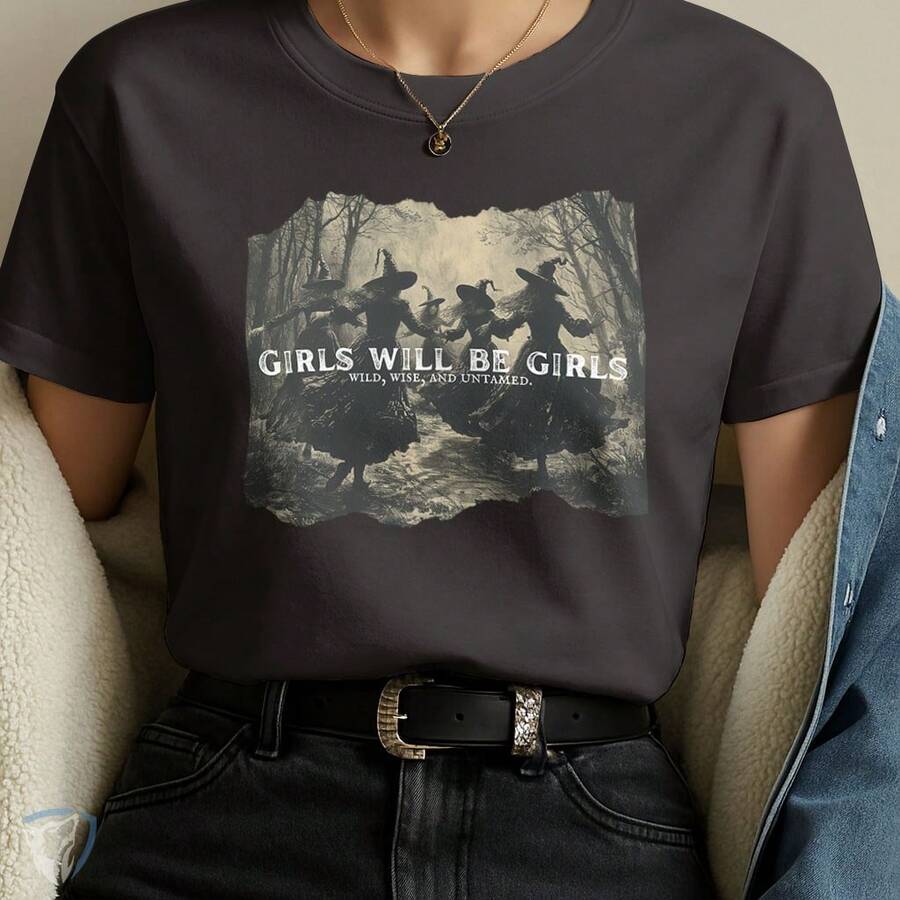 Camiseta Feminina Estampada Girls Will Be Girls | Arte Bruxas na Floresta - Preto - Visão 1