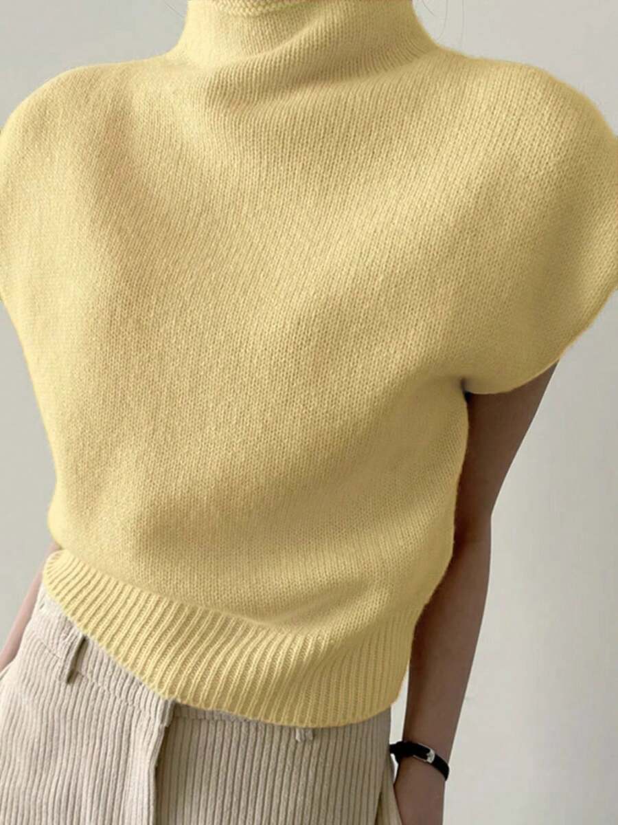 EAVA 女士冬季法式优雅高领毛衣背心 复古老钱风宽松休闲百搭无袖针织毛衣背心，情人节，女士情人节穿搭，情人节服装 - 黃色 - 查看 1