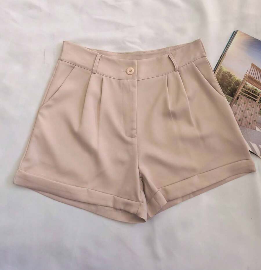Women's Tailored Shorts With Buttons - Beige - View 1