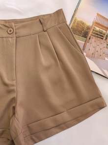 Women's Tailored Shorts With Buttons - Camel - View 3