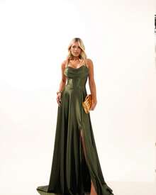 Elegant Satin Maxi Party Dress With Thin Straps, Side Slit, Tie At The Back, Ideal For Bridesmaid/Smart Casual Attire/Wedding Guest/Formal Occasions - 橄欖綠 - 查看 7