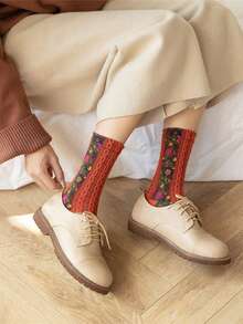 5 Pairs Women's Vintage Floral Knitted Socks - Bohemian Style Crew Socks For Autumn Winter, Warm Comfortable Boot Socks With  Design, Perfect Match For Boots & Dresses, Ideal Festival Gift