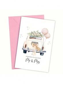 1PC Elegant Wedding Day Greeting Card, Personalised "Just Married" Wedding Card, Vintage Wedding Car And Floral Bouquet & Balloons Design, Newlyweds Gifts, Congratulations Wedding Day Card, Ideal Gift For Couples, Friends, And Family - Multicolor - View 13