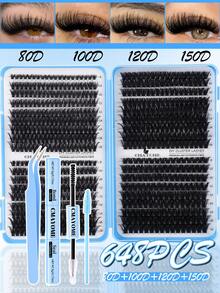648/666/720pcs D-Curl Fluffy False Eyelashes Set, Includes Beginner-Friendly Eyelash Tutorial, Thick & Voluminous DIY Segmented False Lashes, With Glue, Sealant, Tweezers, Lash Brush, Magnifies Eyes, Lightweight & Reusable, Large Capacity Individual Lashes Set, Soft & Natural Mixed Lashes, Create 3D Dimensional Eye Makeup, For Home DIY, Travel, Daily Commute, Evening Party, Wedding Bride Makeup, Etc. - Multicolor - View 3