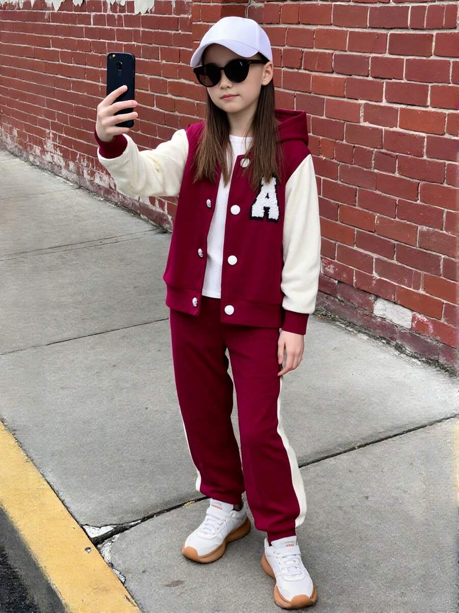 Conjunto de 2 peças de moletom com capuz e zíper para meninas + calças de cor contrastante, roupa casual - Vermelho - Ver 1
