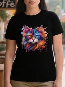 Camiseta Tops casuales de mujer con estampado gato colorido 220 g de algodón puro grueso y cómodo - Negro - Ver 1