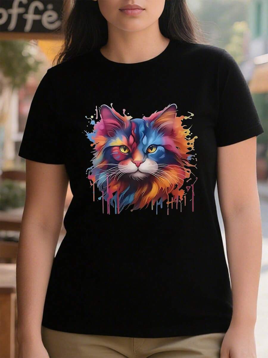 Camiseta Tops casuales de mujer con estampado gato colorido 220 g de algodón puro grueso y cómodo - Negro - Ver 1