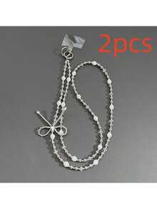 1-2pcs Creative New Pearl Bow Beaded Phone Lanyard Strap Crossbody Bag Charm Accessory Phone Case Chain Pendant - Silver - View 8