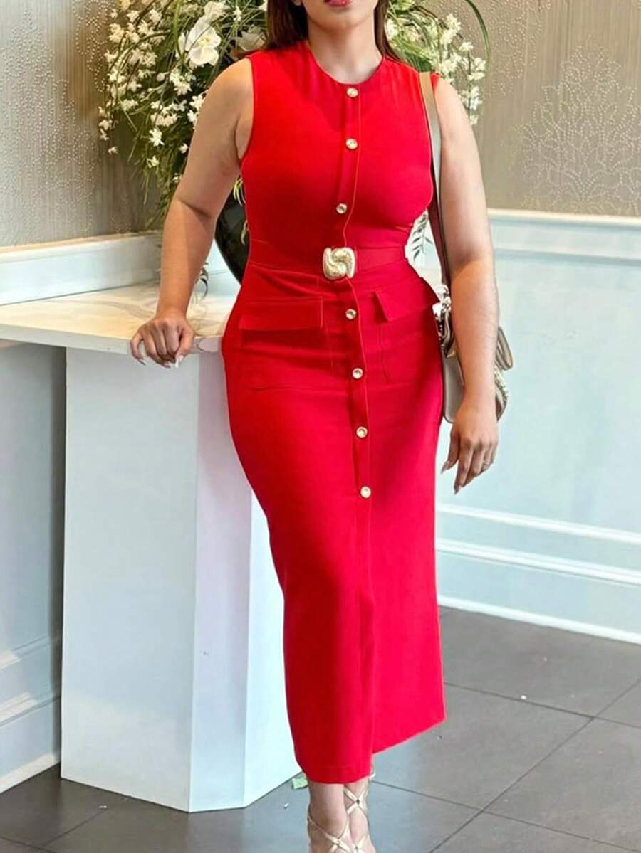 SHIBASHAN Damen elegantes rotes Midikleid mit rundem Ausschnitt, ärmellos, mit Gürtel, lässiger Sommerstil, einreihig, Tanktop, langes Kleid