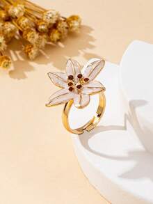 1pc Women's Flower Petal Ring, White Enamel Flower With Faux Gem Center, Suitable For Daily Wear And Vacation