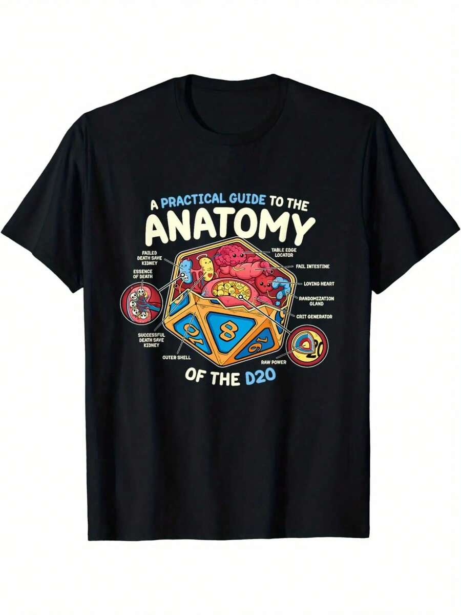 Men's  Inspired Funny RPG T-Shirt - Black Tabletop Gaming Tee With Red Polyhedron Dice Graphic, Anatomy Design For D&D Fans, Casual Gamer Apparel (Machine Washable), Allseason Clothing, Geek Culture Fashion, Durable Print Shirt, Comfortable Fit - 黑色 - 查看 1