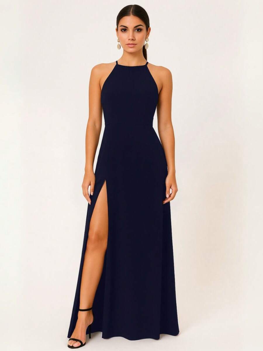 Long Sleeve Party Dress Long Bridesmaid Wedding Slit - Navy Blue - View 1