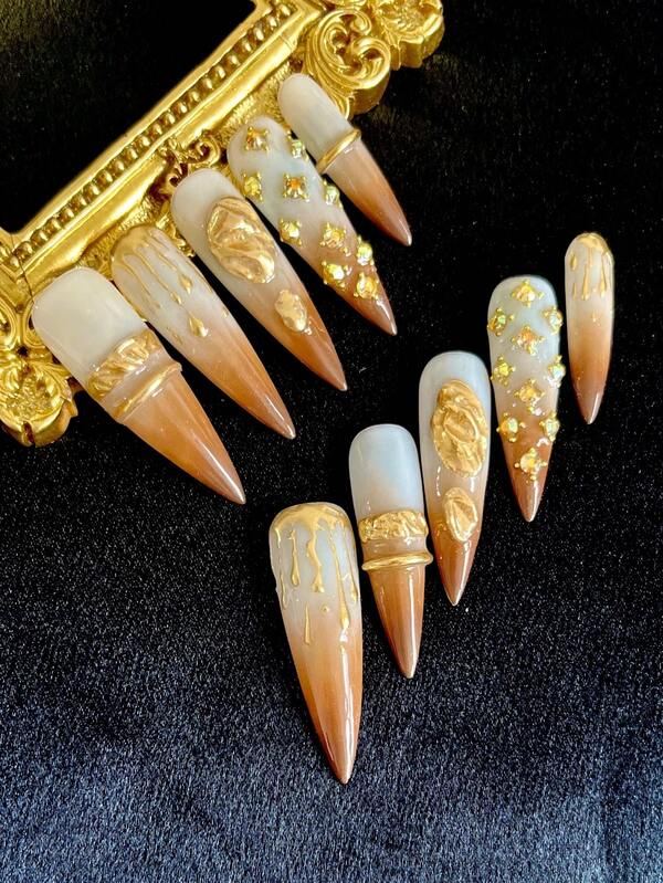 10 piezas de uñas postizas hechas a mano, forma de cascada extra larga, diseño con brillo y polvo de espejo, estilo gótico barroco, para uso diario, fiestas, festivales, viajes o regalo