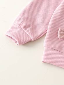 2pcs Young Girls Sweet Minimalist 3D Bow Long Sleeve Top And Pocket Denim Pants Set, Spring/Autumn - Pink - View 4